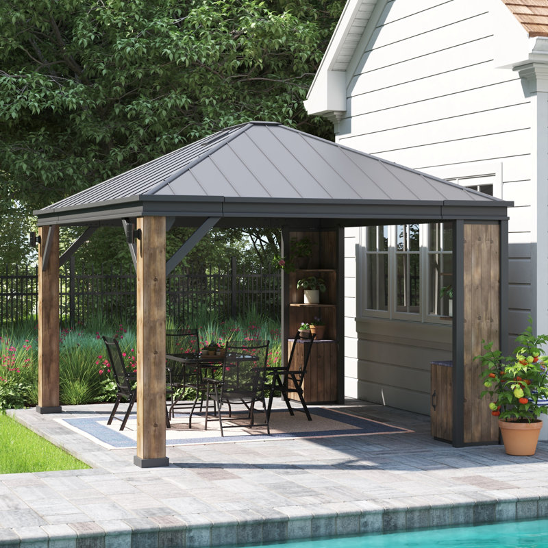 Sunjoy 12 x 14 ft Cedar Wood and Steel Hardtop Gazebo with LED Lighting and Bluetooth Sound
