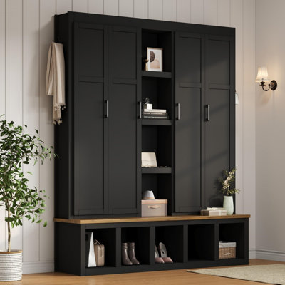 Farmhouse 4-in-1 Hall Tree with 6 Hooks, Storage Bench, and Shoe Cabinet for Entryway, Living Room by Red Barrel Studio