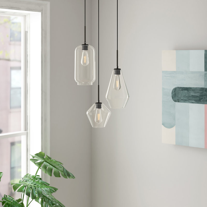 Vandyke 3-Light Cluster Geometric and Cylinder Pendant, Clear, Black