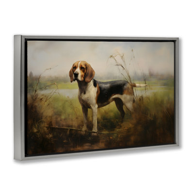 Beagle Dog Rural Field Grey Framed Floater Canvas by Petal Prints Design