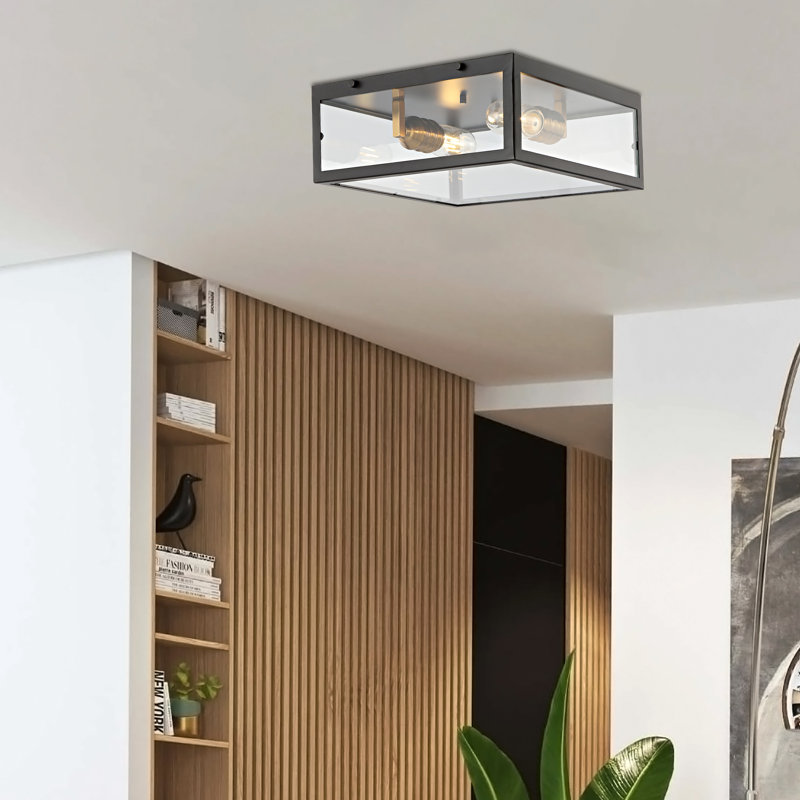Plafonnier encastré carré en fer / verre Bechtold Farmhouse, Bronze huilé / laiton doré, H 5 po x l 12 po x P 12 po