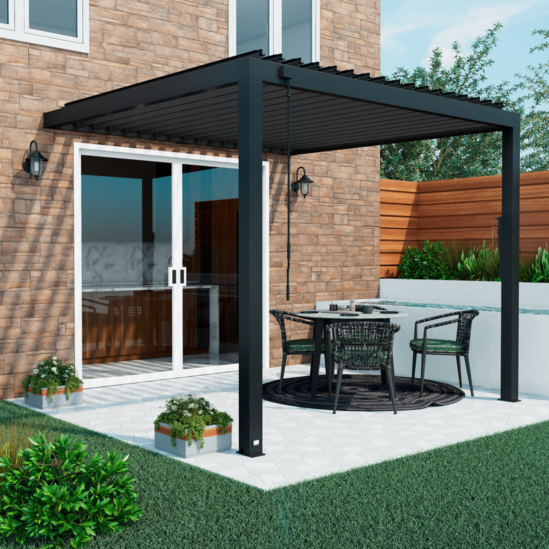 Ensemble de pergola murale à persiennes en acier galvanisé avec toit réglable en acier et PowerPort Backyard Discovery Evanston