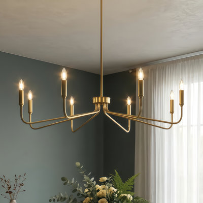 8 - Light 38"W Dimmable Classic/Traditonal Candle Style Polished Brass Chandelier for Kitchen Island.