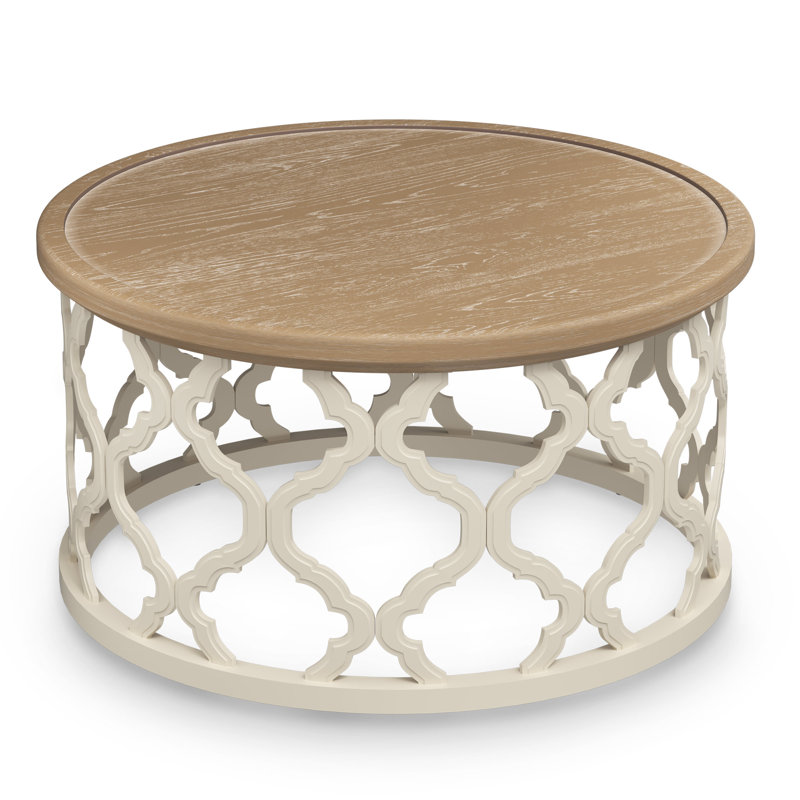 Mayenne Rustic Farmhouse Round Coffee Table with Distressed Wood Tray Top, Natural Top/ Beige Base