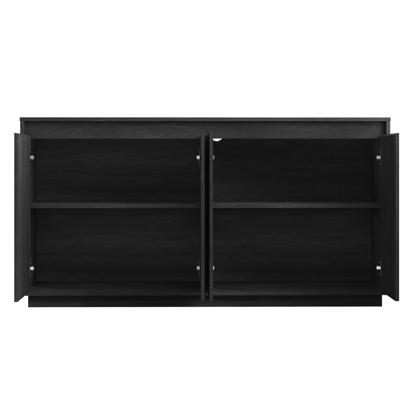 Buffet à 4 portes en bois avec prise de courant, armoire d'appoint à texture verticale ondulée avec conception sans poignée (bord de la porte comme poignée), armoire de rangement de cuisine autoportante