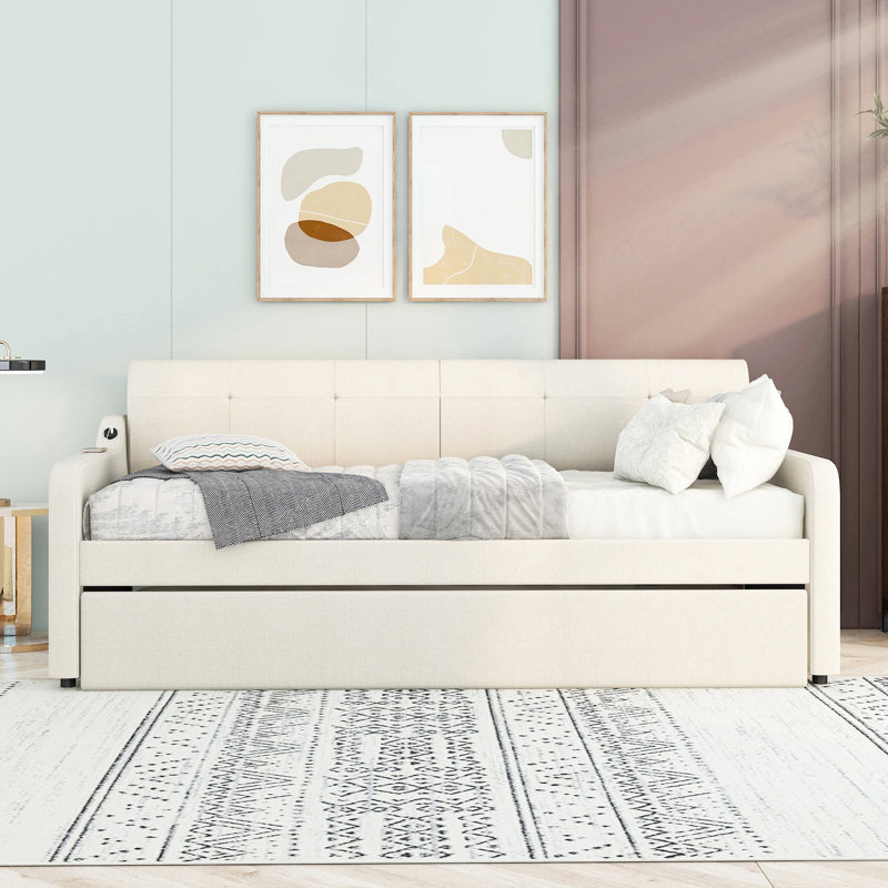Lit de jour simple avec couchette et douille - douillette rembourrée beige