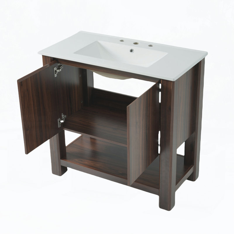 Meuble-lavabo moderne 35,5 po avec lavabo en céramique, Brun antique