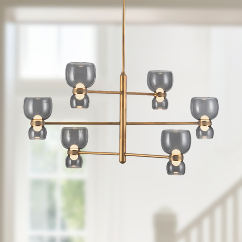 Sutton 36-in Black dimmable LED Chandelier, Smoked Glass, Antique Brass