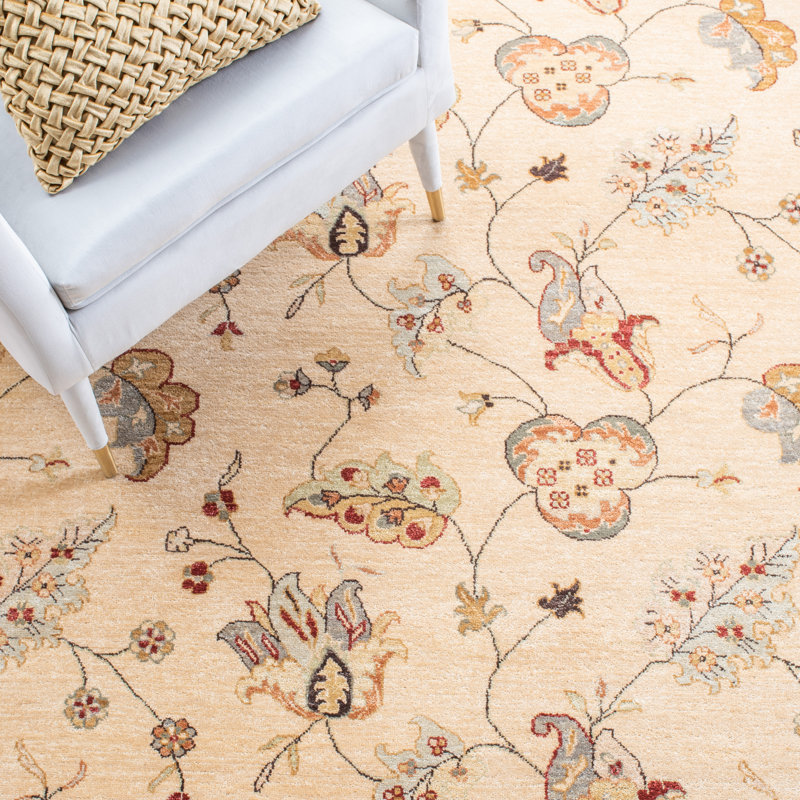 Agra Hand-Knotted Wool Beige/Yellow Area Rug, Rectangle 4' x 6'