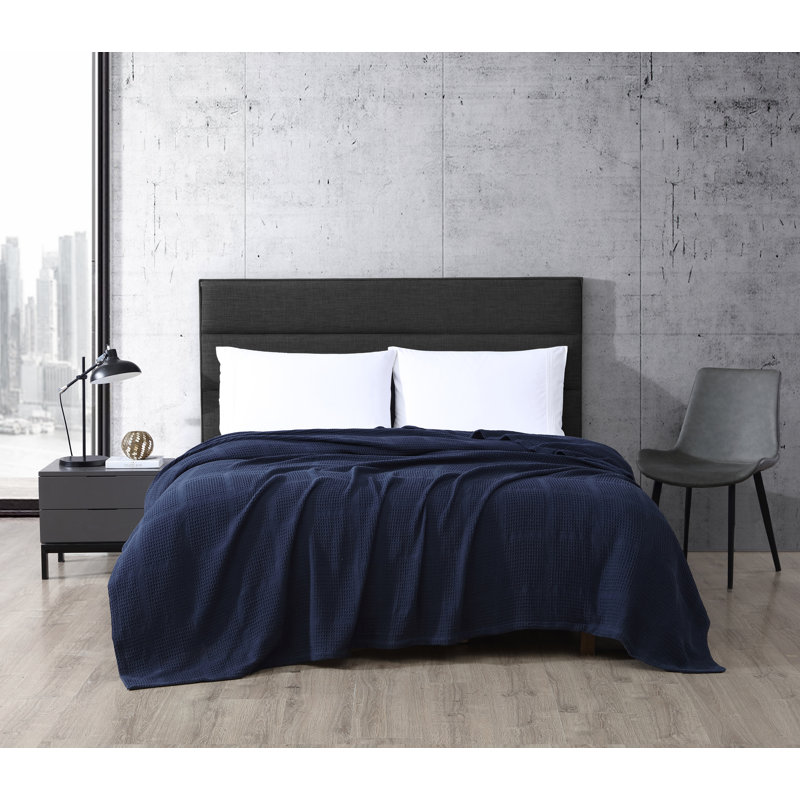 Navy Cotton Waffle Weave King Blanket