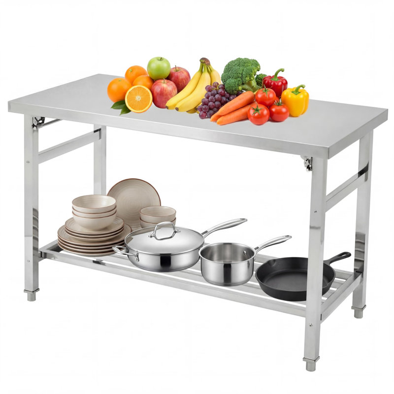 48" x 24" Stainless Steel Folding Prep Table, Heavy Duty Commercial Work Table with Adjustable Undershelf for Restaurant, Kitchen, Food Service, Space-Saving, No Installation Required