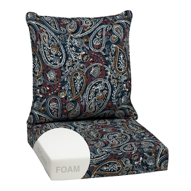 ARDEN Outdoor Foam Deep Seat Cushion Set, 24 in x 24 in, Weather-Proof, Fade Resistant Patio Cushion, Bottom and Back Cushion for Chair, Sofa, and Couch Navy Palmira Paisley