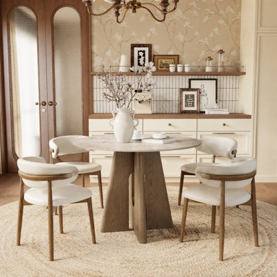 Ensemble de salle à manger rond Amberly 5 pièces, style moderne du milieu du siècle, avec chaises rembourrées couleur crème, idéal pour la cuisine, la salle à manger ou le coin repas.