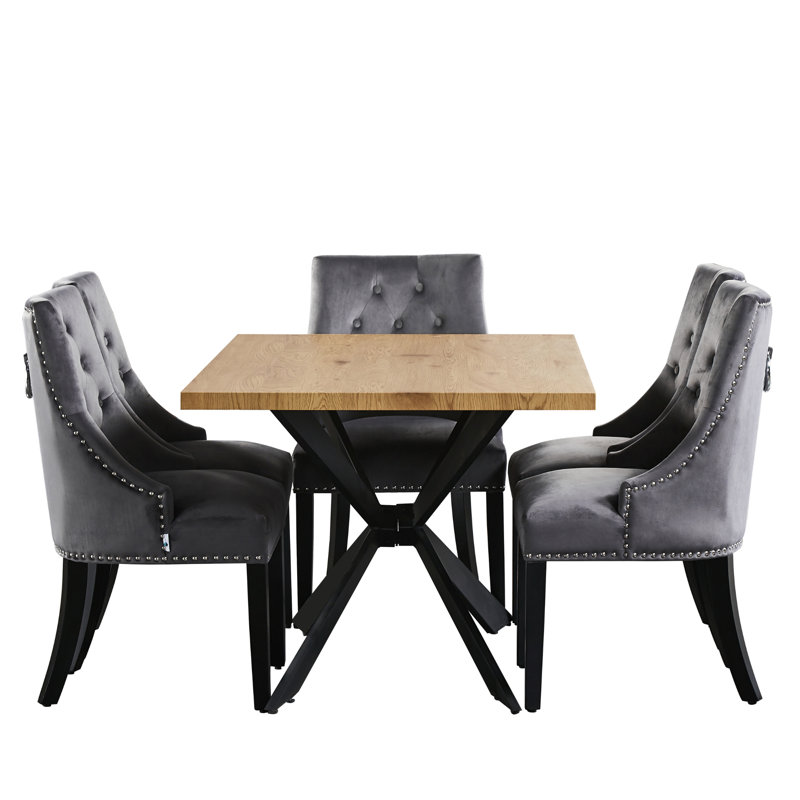 Jacey 6 Person Dining set - a Rectangular Wooden Dining Table with Metal Legs and a Set of 6 Quilted Ring Knocker Velvet Dining Chairs for Dining Room - Modern Dining Table Set