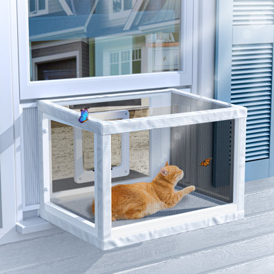  Winter Cat Window Box – Cat Window Perch Catio with Windproof Cover & Door, Fits 24.3–38.8" Openings