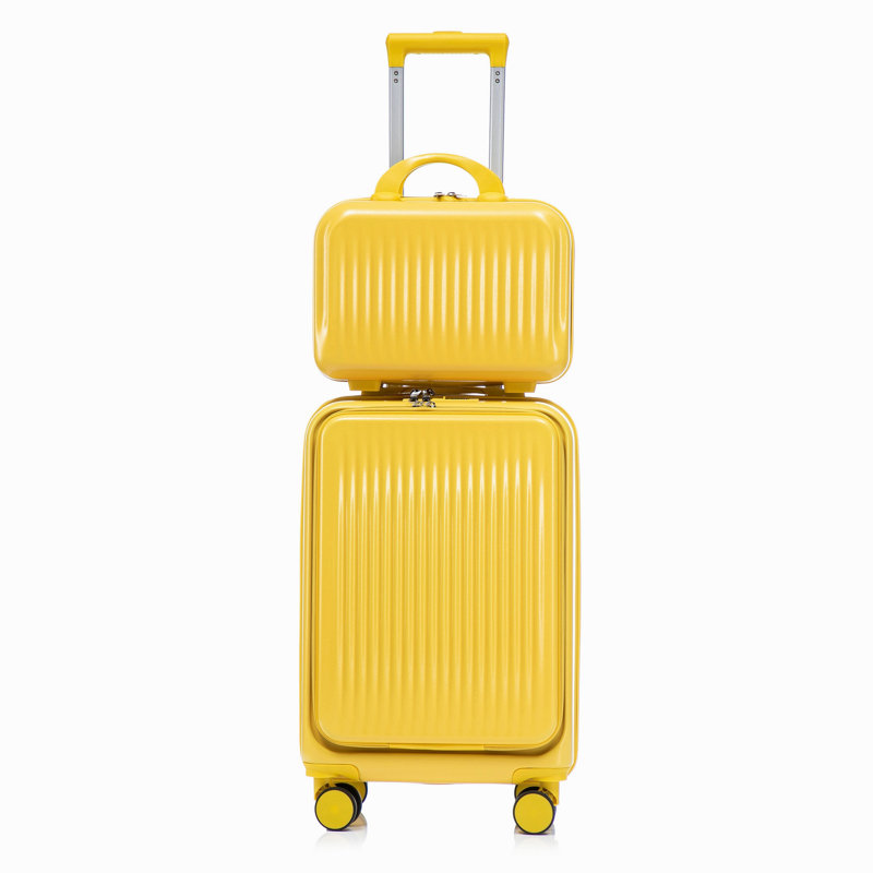14"/20" 2 Pcs/Set In ABS Spinner Wheel Luggage, With Combination Lock And Front Opening Design, 14" Cosmetic Case (Yellow)