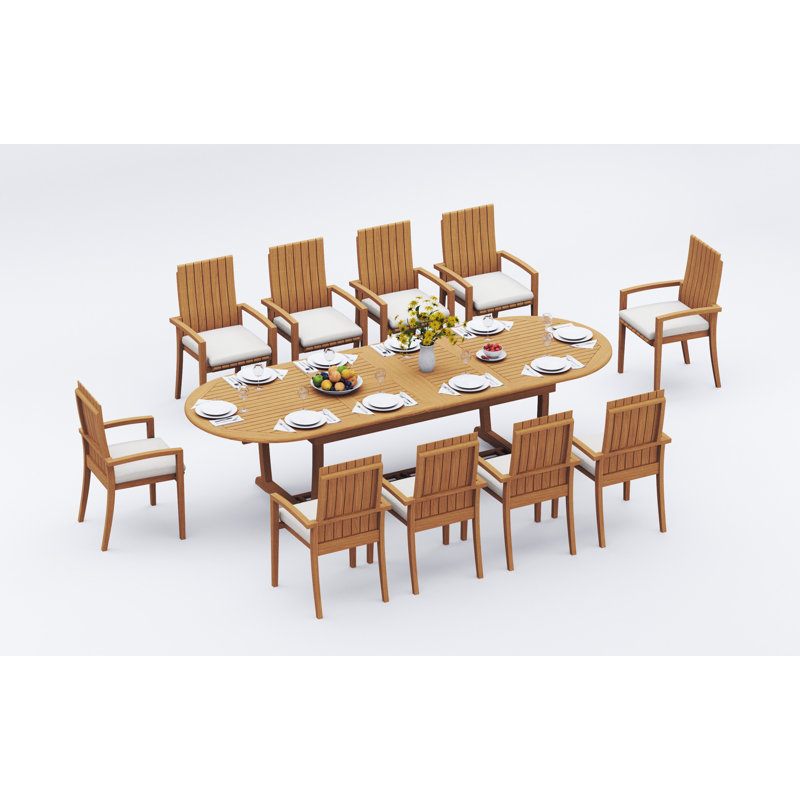 9 Pcs Grade-A Teak Wood Dining Set: 118" Double Extension Mas Oval Trestle Leg Table And 8 Goa Stackng Arm Chairs #11GO2708