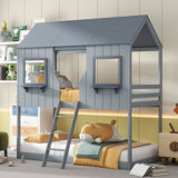  Wood Bunk Bed with Roof, Window, Sturdy Frame, Safety Guardrails, Space-Saving Design, Ladder for Easy Access, Stylish and Functional