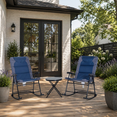 Ensemble de patio extérieur 3 pièces avec table en verre et chaises berçantes rembourrées, idéal pour le porche, le balcon et le camping