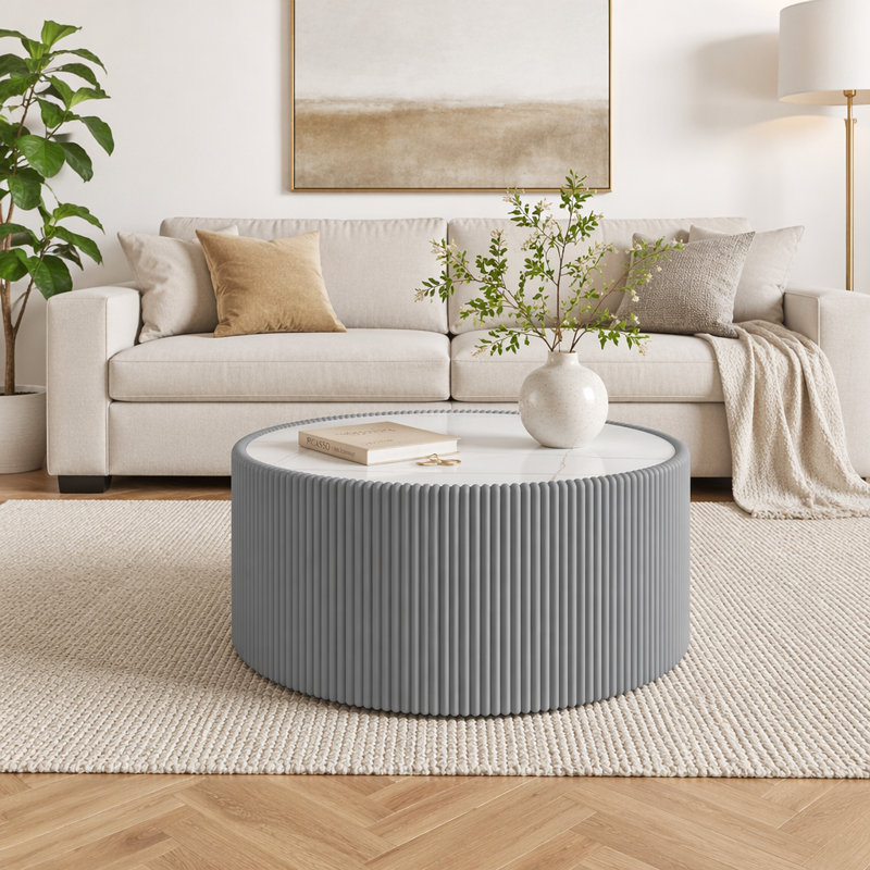 Table basse moderne en cuir clair avec plateau en marbre, H 14,56 po x l 29,52 po x P 29,52 po, Gris