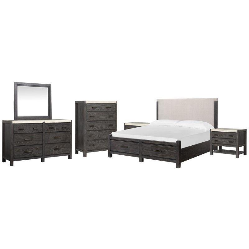 Très grand lit tapissier avec rangement Wilmot, 6 Pcs:Bed,2Nightstand,Dresser,Mirror,Drawer Chest, Très grand