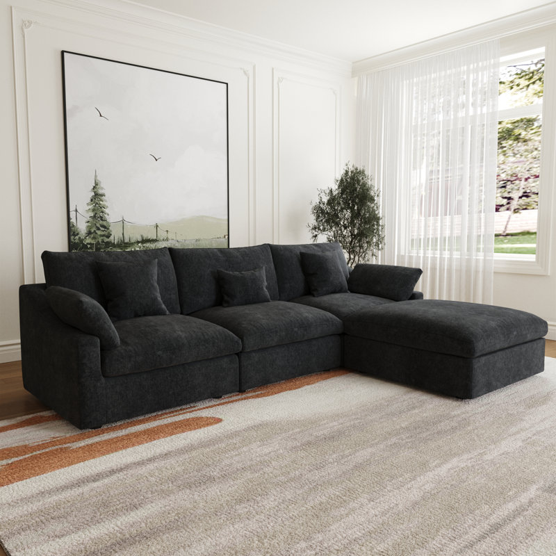 Slipcovered Upholstered Modular Sofa With Ottoman, Dark Charcoal, 29.53" H x 119.29" W x 77.95" D