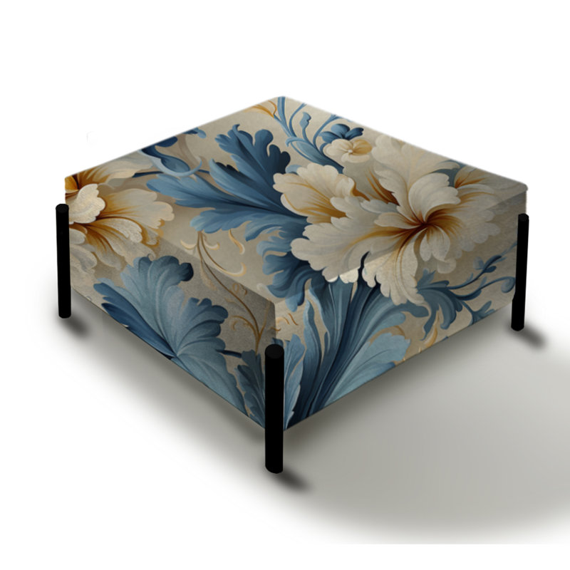 Blanc et bleu damassé en fleurs - Grand repose-pieds carré damassé