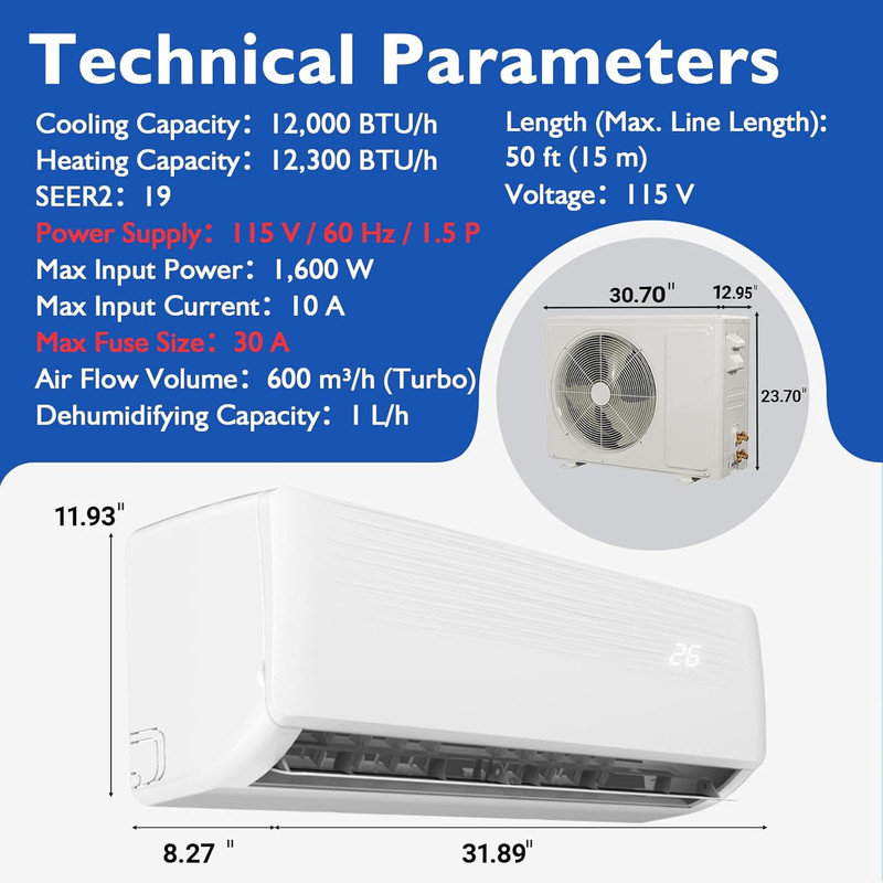 12 000 BTU 19 SEER2 WiFi mini pompe à chaleur CA / climatisée, système sans conduit onduleur, refroidit 750 pieds carrés avec Alexa, préchargé et trousse d'installation pour la maison, le bureau
