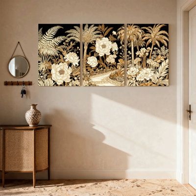Scenic & Cityscapes Black Gold Floral Tropical Pathway Pattern Set of 3 Canvas Wall Art Prints