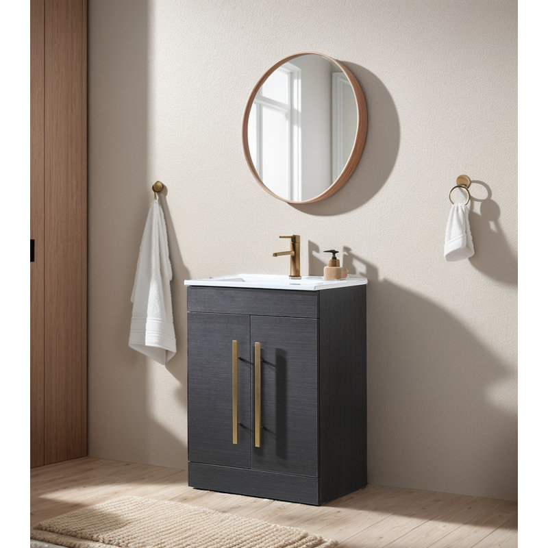 24'' Modern Free-Standing 2-Doors Single Bathroom Vanity With Ceramic Top, Black, Brushed Gold