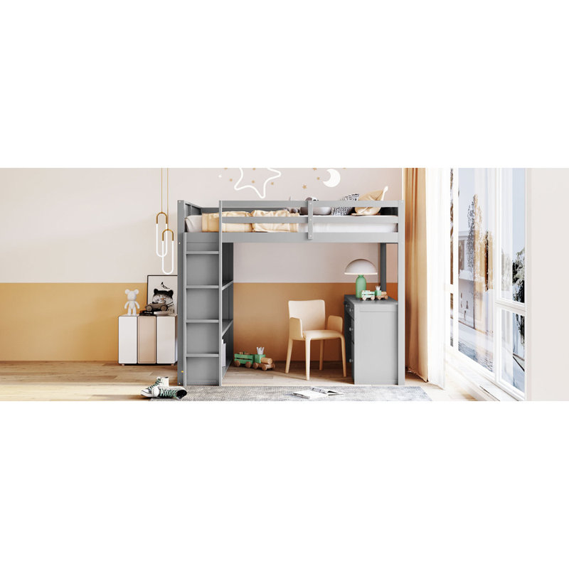 Lit mezzanine avec tablettes et bureau, Double, Gris