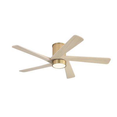  5 Solid Wood Blades Flush Mount Ceiling Fan Woven Rattan Cover DC Motor With Remote Light