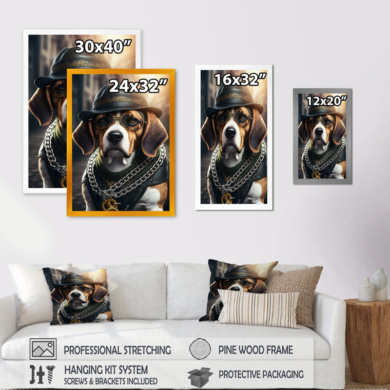 «Beagle Gangster in NYC III», impression sur toile, Impression noire sur toile encadrée, H 32 po x l 24 po x P 1 po