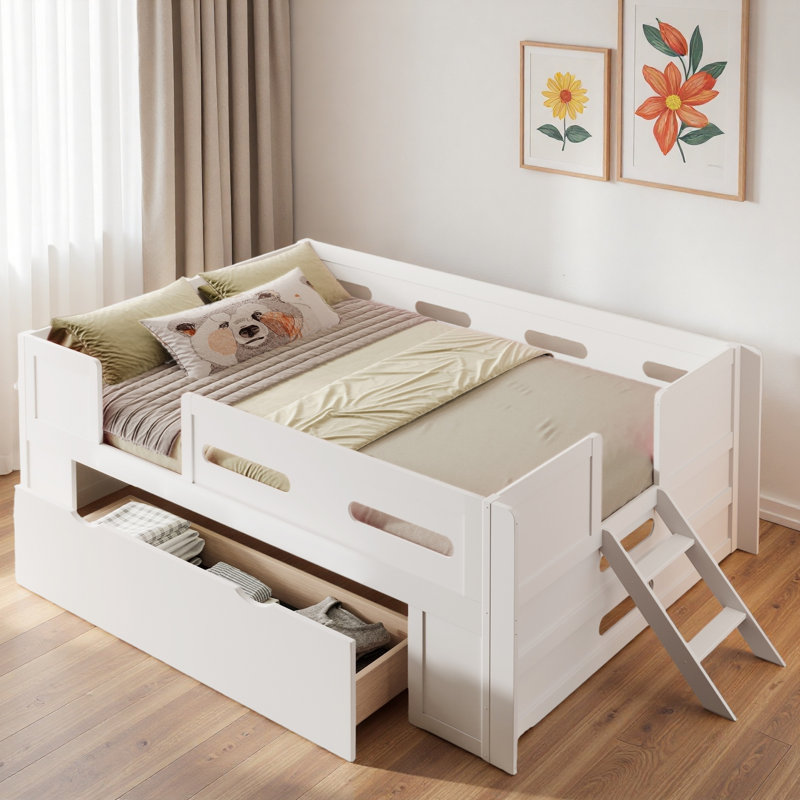 Lit plateforme en bois avec garde-corps et tiroir, Lit double, Blanc