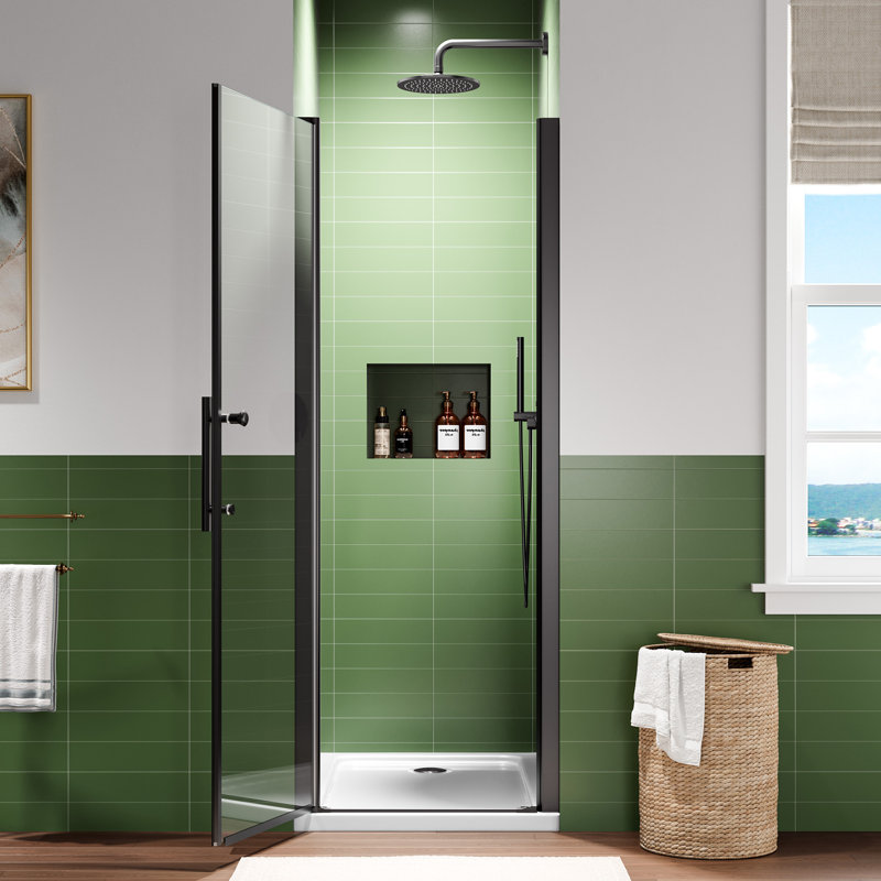 26-27.5 In.W X 68 In.H Semi-Frameless Small Pivot Shower Door With 6Mm Tempered Glass, No-Top-Rail Design, Matte Black