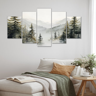 «Green Pine Trees Mist Morning III», ensemble d'art mural sur toile de pin