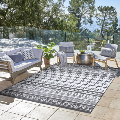Paseo Astrid All-Weather Flatweave Indoor/Outdoor Area Rug, Black White Bohemian Striped – Patio, Deck, Porch & Living Room - Black, 5x7