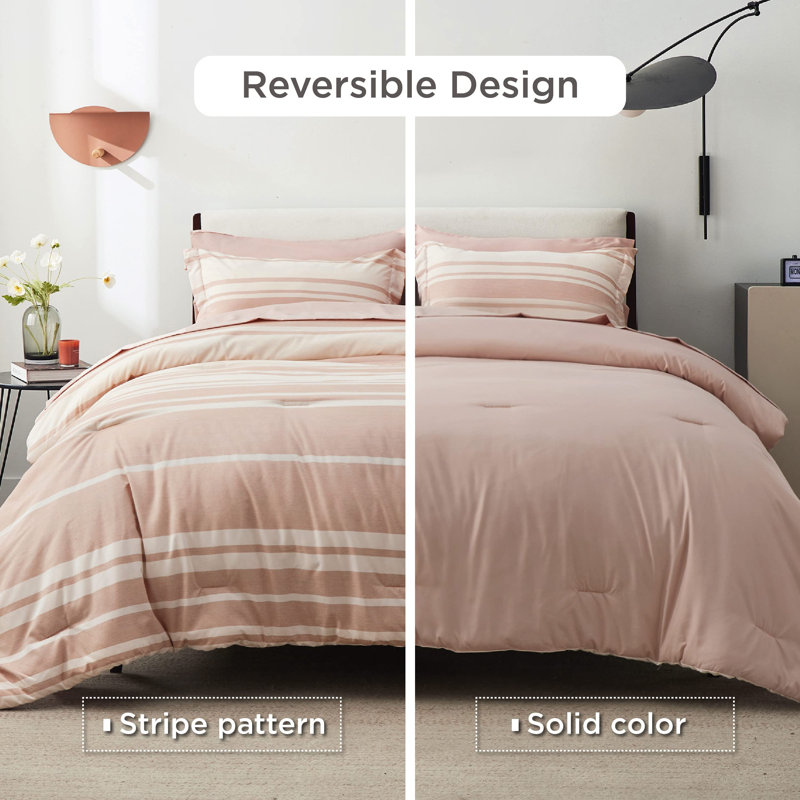 Bedsure Striped All Season Comforter Set, Queen Comforter + 6 Additional Pieces, Light Pink