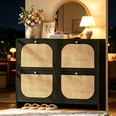 Boho Rattan Shoe Storage Cabinet 9.5 Inch Narrow Slim Design, Entryway Flip Shoe Organizer Featuring 4 Flip Drawers & 3 Adjustable Shelves, Stores 28-36 Pairs Shoes Including Size