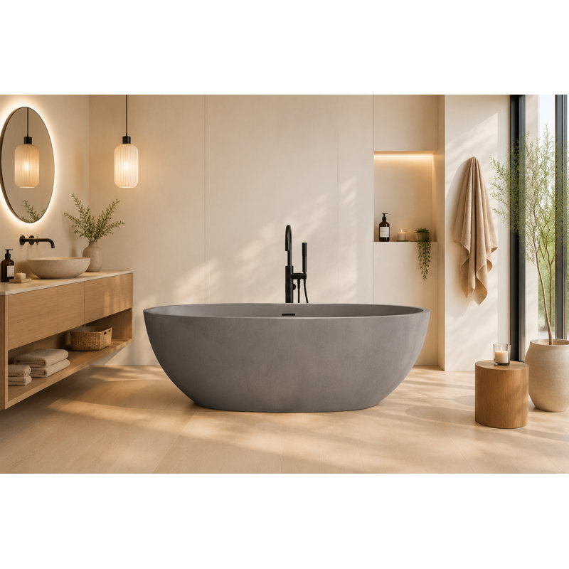 Vast Studio 62.8'' x 30.3'' Matte Gray Freestanding Bathtub Modern Oval Deep Soaking Tub for Luxury Bathroom, Gray 