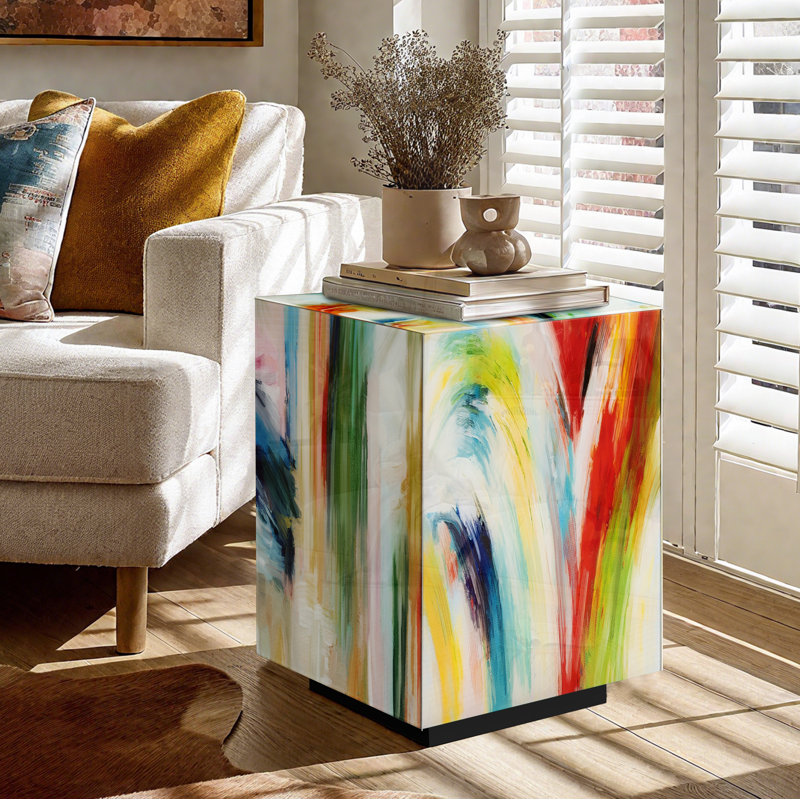 Ossi 22"H Modern Accent Block End Table with Printed Art Glass