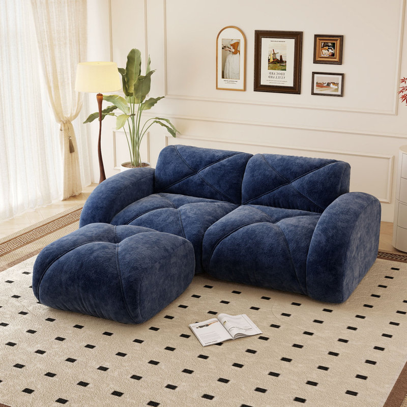 Canapé modulaire capitonné 3 pièces de 80 po avec repose-pieds mobile, Blue Velvet, 80.3"W x 29.9"H x 67.3"D