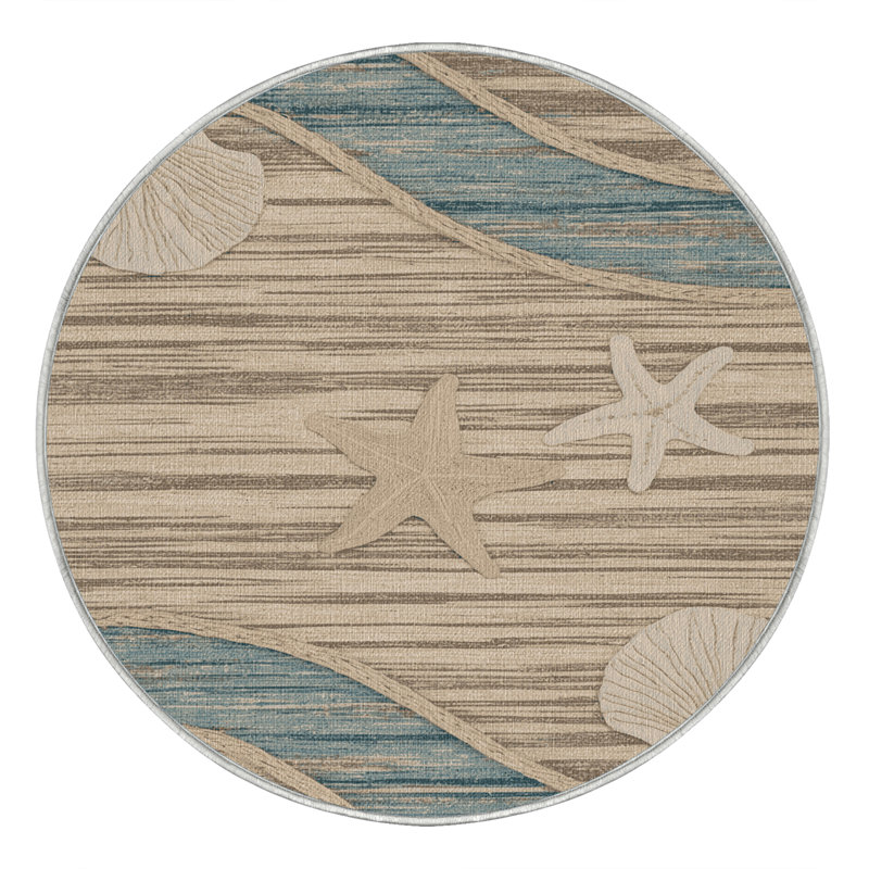 Washable Beach Minimalist Plus Coastal Area Rug, Round 7'
