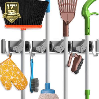 Mop Broom Holder Wall Mount Metal Pantry Organization And Storage Garden Kitchen Tool Organizer Wall Hanger For Home Goods (4 Positions With 4 Hooks,)