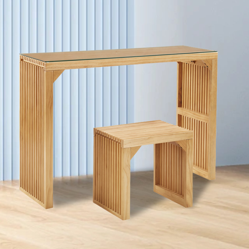 Petit banc en verre trempé et table en pin