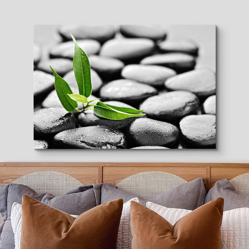 Méditation zen, plage noire, galet vert, forêt, plante, nature sauvage, sur toile, H 16 po x l 24 po x P 1,5 po