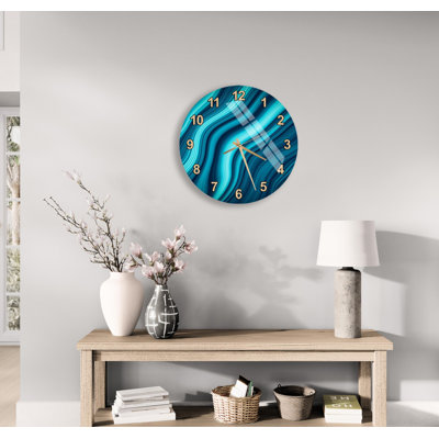 Blue Agate Wall Clock, Modern Tempered Glass Art, Turquoise Marble Decor, Abstract Fluid Design Timepiece, Large Cyan Ocean Home Accent