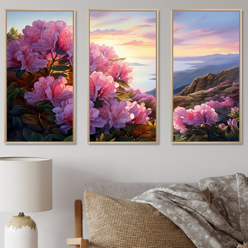 Ensemble de salon d'art mural Rhododendron, H 40 po x l 60 po x P 1 po, Cadre naturel flottant