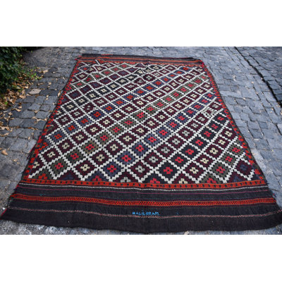 Tapis traditionnel turc en laine fabriqué à la main à motif géométrique traditionnel Kilim - noir / orange