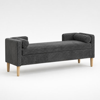Upholstered Corduroy Flip-Top Storage End of Bed Bench with Armrests, Backrest and 2 Bolsters, Rubberwood Legs Accent Window Footrest
